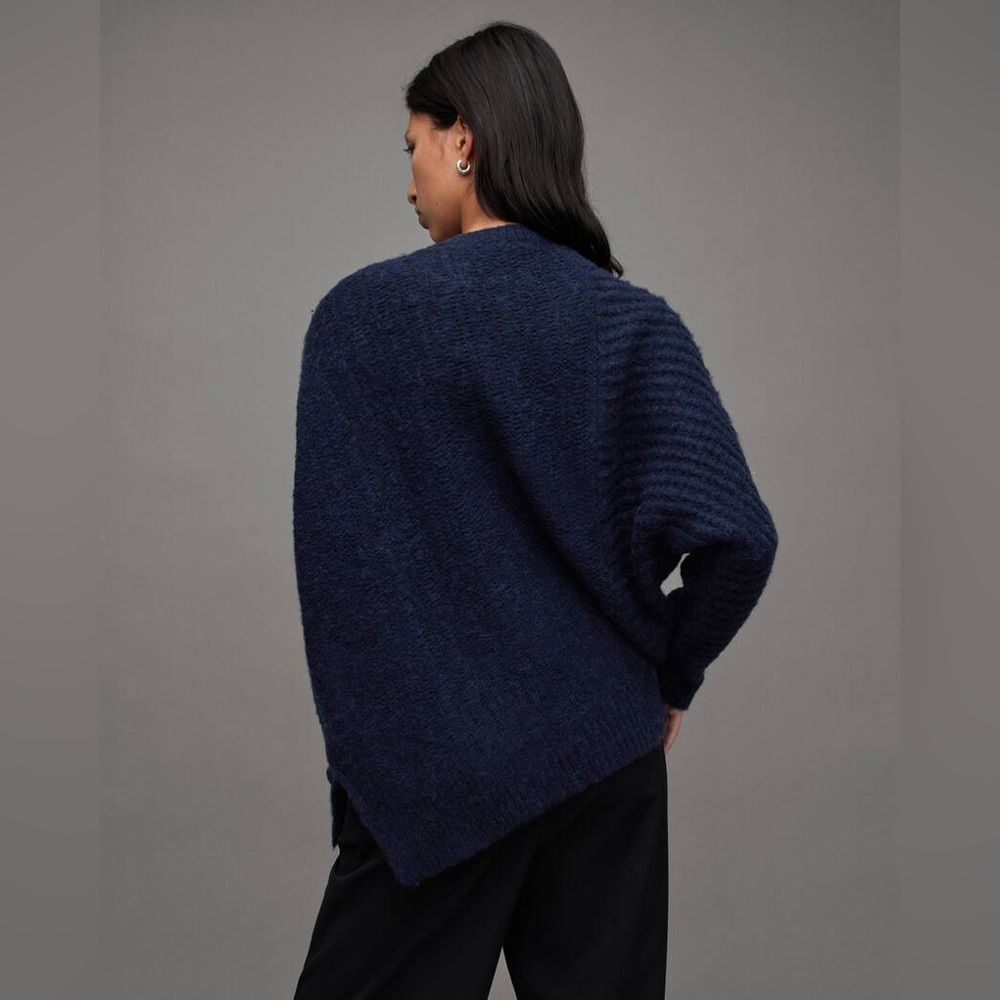 All Saints Selena Mixed Stitch Asymmetric Sweater Midnight Blue, NWT, Size S - Picture 2 of 12